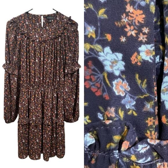 Anthropologie Current Air Purple Floral Ruffled Peasant Dress Long Sleeve-‎ S - Picture 1 of 10
